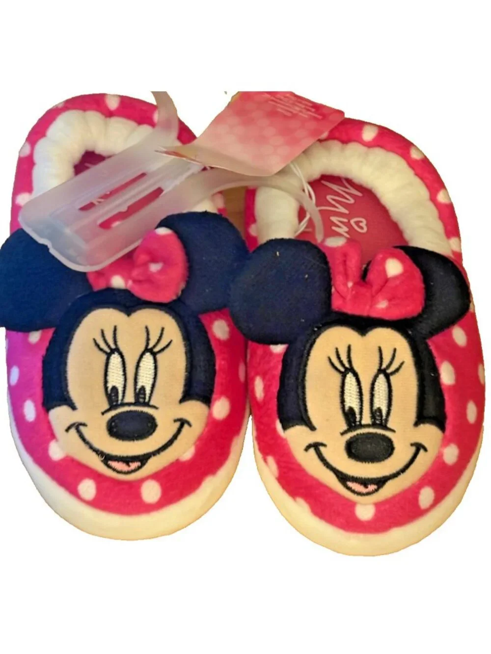 Girls Disney Jr Minnie Mouse Pink Polka Dots Slippers Plush Indoor Shoes L/9-10